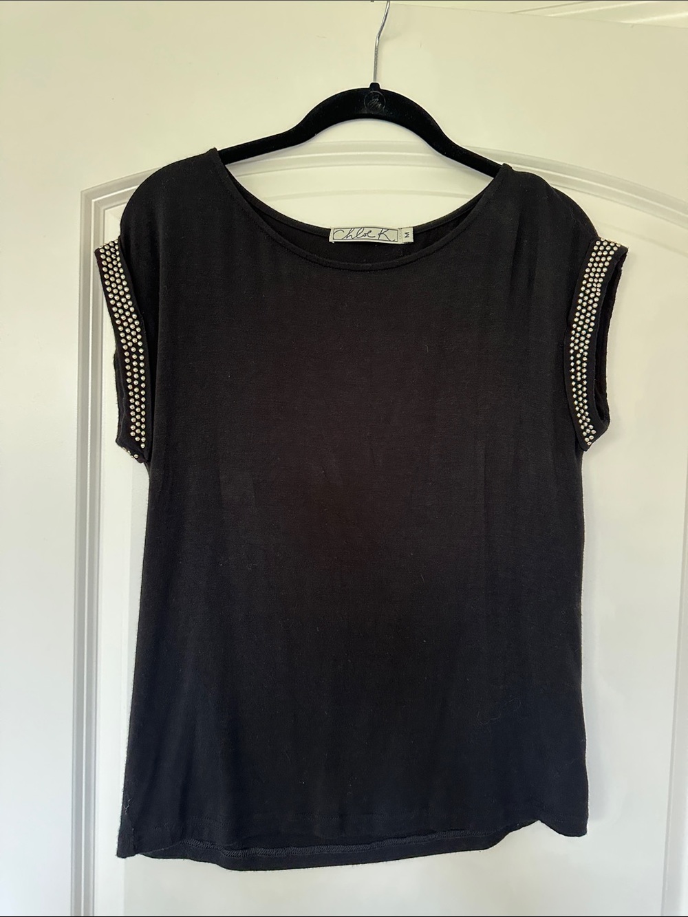 Chloe K Black Short Sleeve Top with Studded Sleeve Trim